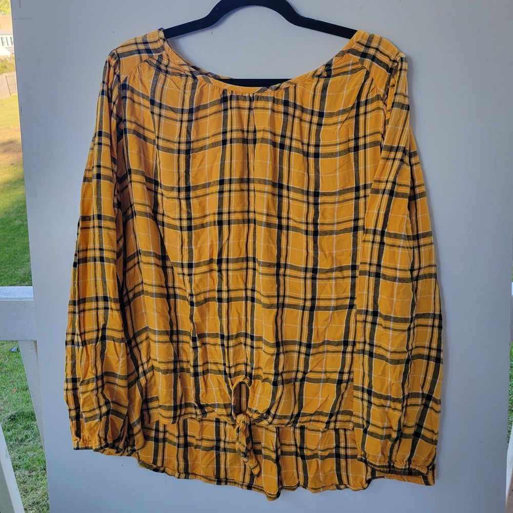 Lane Bryant‎ Plaid Top Size 20 Yellow Black Long Sleeve Tie Hem Rayon